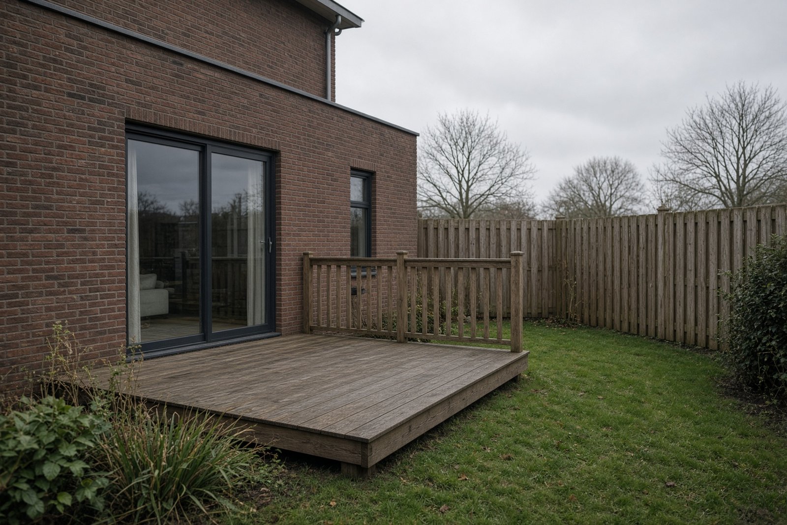 Houten terras van Douglas met leuning aan een bakstenen woning
